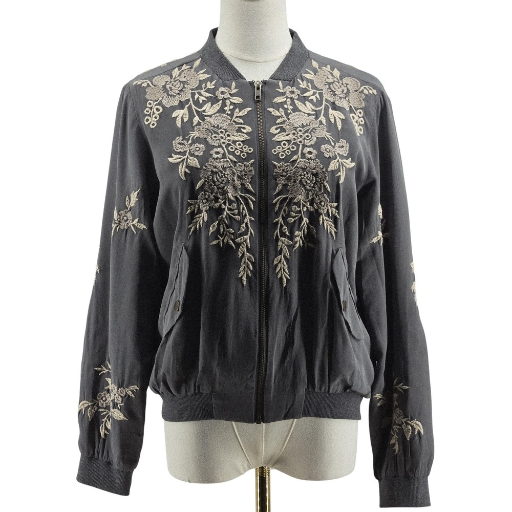 Johnny Was Jacket Womens S Gray Silk Bomber Embroidered Lined Pockets Short